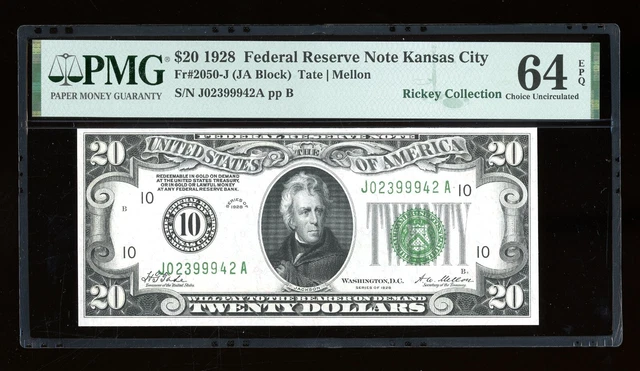 DBR 1928 $20 FRN Kansas City Numeral Fr. 2050-J PMG 64 EPQ Serial J02399942A
