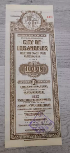 Vintage 1933 California City of Los Angeles Electric Plant Bond Election No 1497