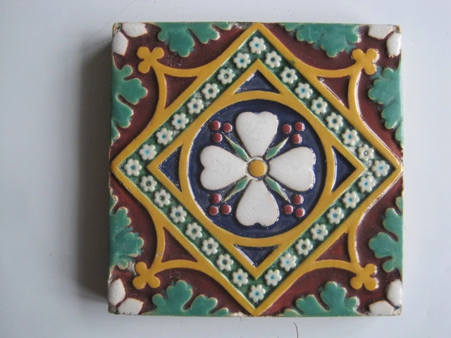 Antique Victorian Minton Hollins 4" Sq.  Moulded Majolica Multi-Coloured Tile