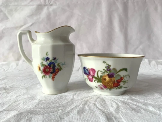 Vtg Mini Czech Porcelain Creamer & Sugar Bowl w Floral Motif and Gilded Trim