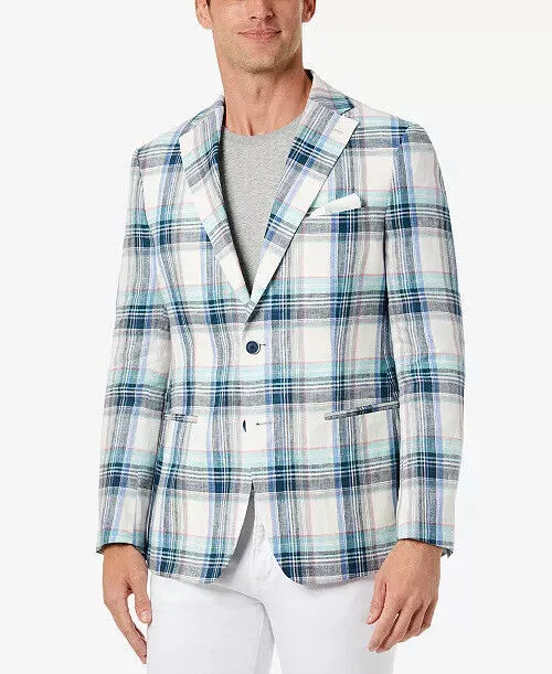 TALLIA Men's Slim-Fit Multicolor Plaid Blazer Blue 44L Sport Coat Linen 2 Button