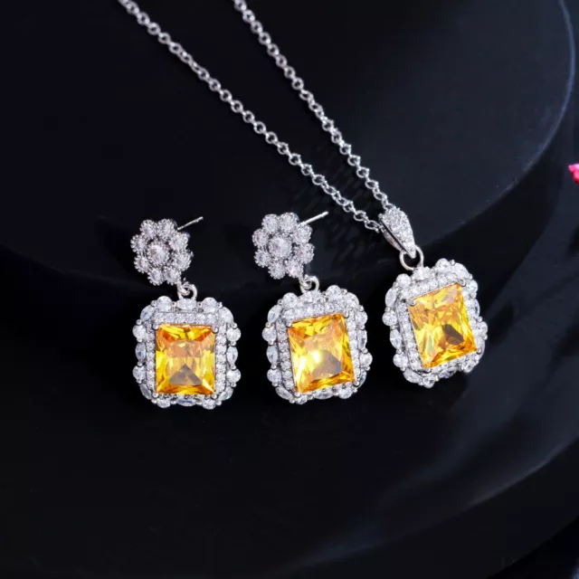 Super Yellow Topaz CZ Flower Square Drop Pendent Necklace Earrings Jewelry Set