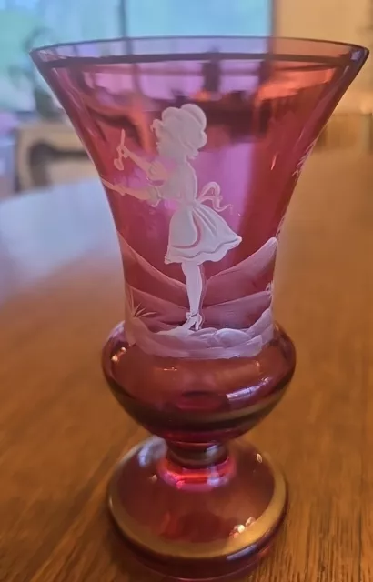 Vintage Fenton Mary Gregory Hand Painted Cranberry Art Glass Vase 1970's Girl