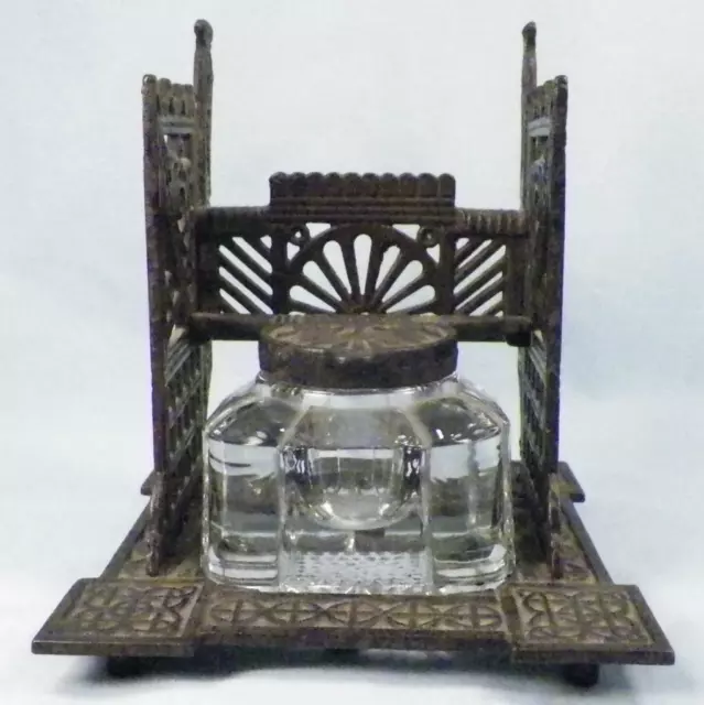 Inkwell & Pen Holder Eastlake Style Cast Iron Frame Glass Bottle Antique NICE #2