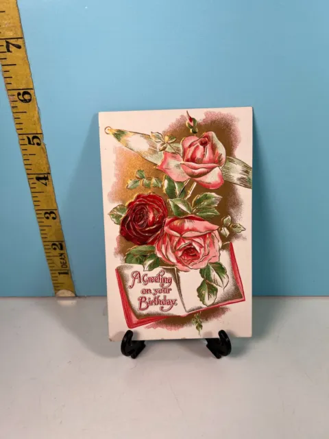 Vintage A Greeting on your Birthday Beautiful embossed pink & red Roses postcard