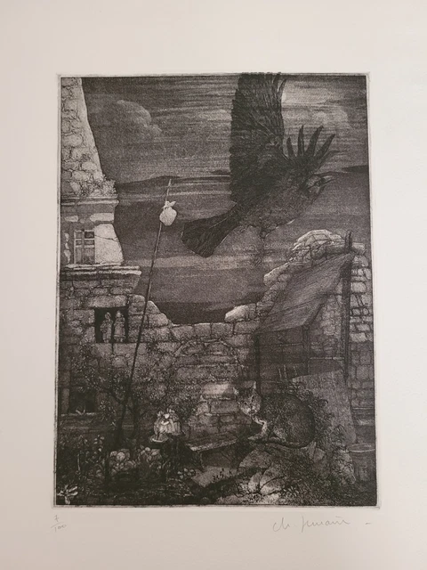 Lithographie signée et numérotée décor d'oiseau et de chat signature à identifie 11