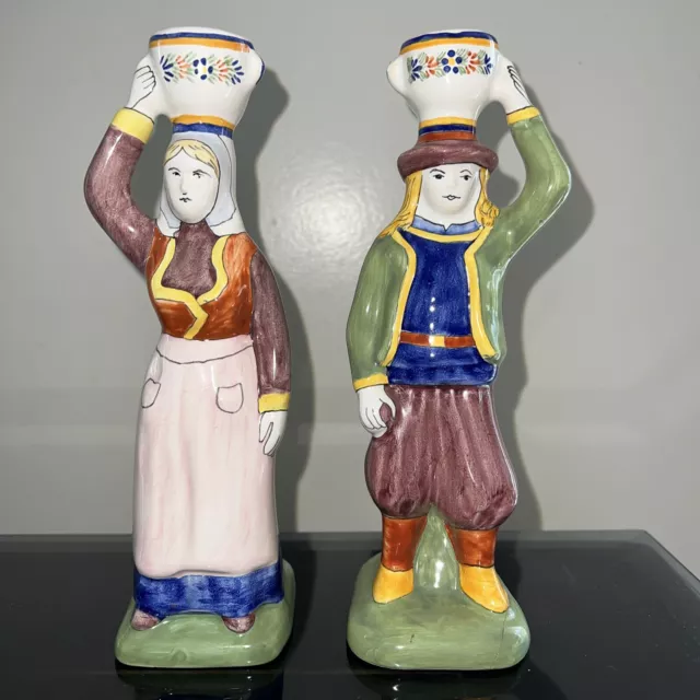 Vintage Figurine HB Henriot Quimper France  Pair Candlesticks-signed