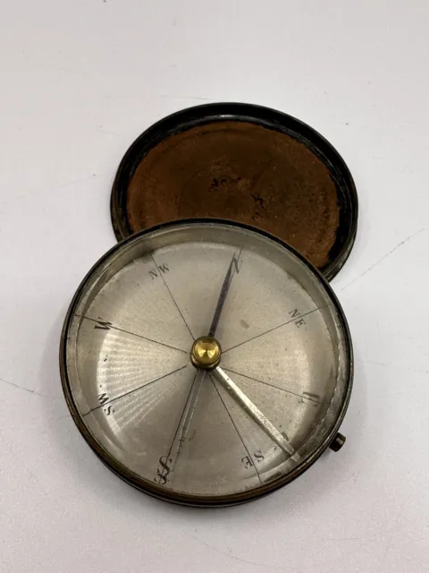 Small Antique Brass Glass Locking Pocket Compass 1900's French, Made in France