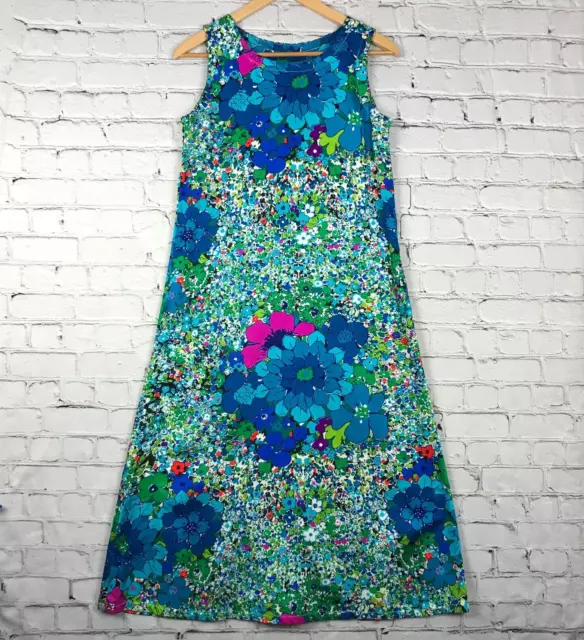 Vintage Hawaiian Dress Womens S/M Blue Green Floral Sleeveless A Line Midi 60s