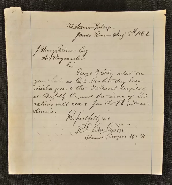 1862 Civil War Discharge to Naval Hospital Norfolk, Va US Steamer Galena 1862 Civil War Discharge to Naval Hospital Norfolk, Va US Steamer Galena