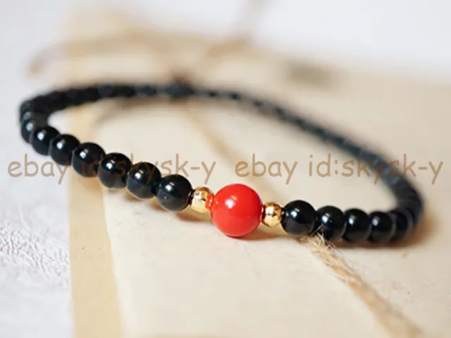 6mm Black Onyx Agate 8mm Natural Red Coral Round Beads Elastic Bracelet 7.5''