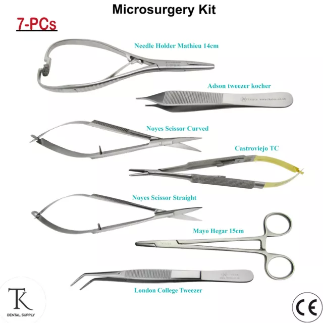 Juego de 7 Instrumentos para Cirugía Oral Porta agujas y Tijeras Microcirugía CE
