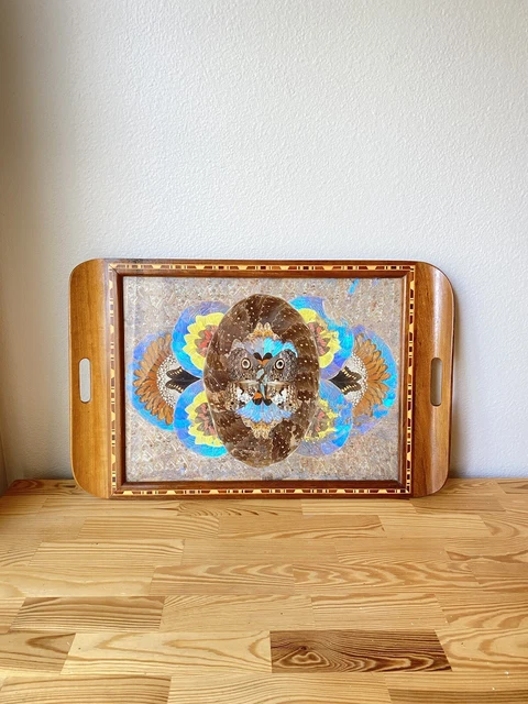 VTG Hand Made Wooden Tray inlay with Butterfly Wing art Under Glass ooak unique
