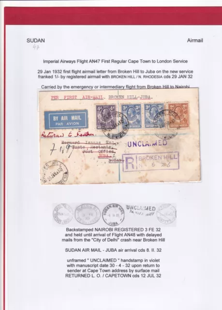 Sudan 1932 Airmail "imperial airways"  Northern Rhodesia to Juba  Delhi Crash