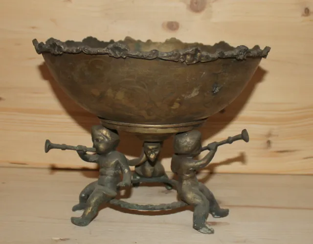 Antique Art Nouveau ornate brass pedestal bowl with cherubs