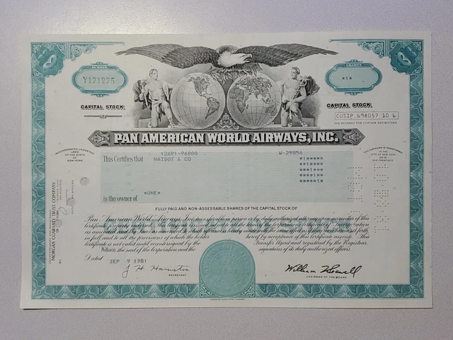 Pan American World Airways Cancelled Stock Certificate