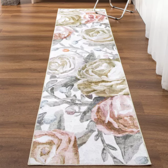 Rose Pastel Pink Hallway Runner Non Slip Corridor Rug Washable Mat 80x300cm