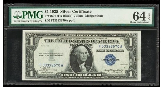 1935 $1 Silver Certificate Note Julian / Morgenthau PMG Gem UNC. 64 EPQ 736