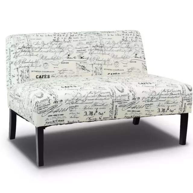 Modern Loveseat Sofa with Off-White Cursive Pattern Upholstery and Black Wood Le