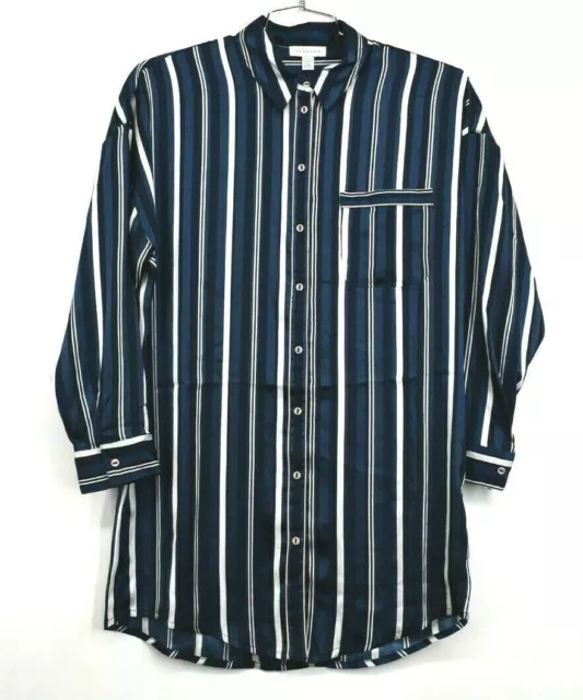 Topshop Womens Stripe Satin Pajama Shirt Button Front Navy Blue Long Sleeves S