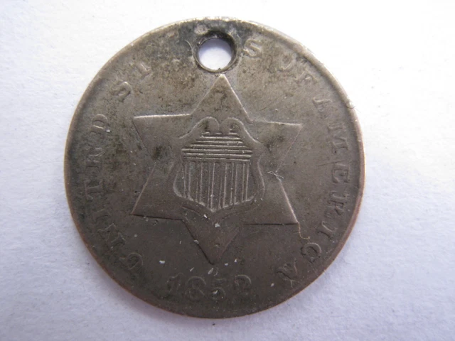United States 1852 silver Three Cents F holed