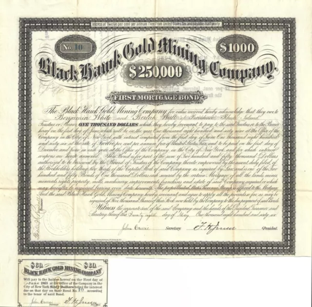 1866 Central City COLORADO TERRITORY Bond 💲 Black Hawk GOLD MINING Company