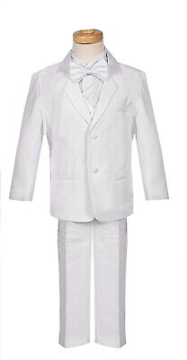 Boys Tuxedo suit White Satin trim wedding Spring Easter Bow tie vest pants