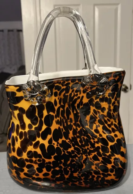 Vintage Leopard Print Purse Hand Blown Art Glass LARGE Vase Design GORGEOUS !