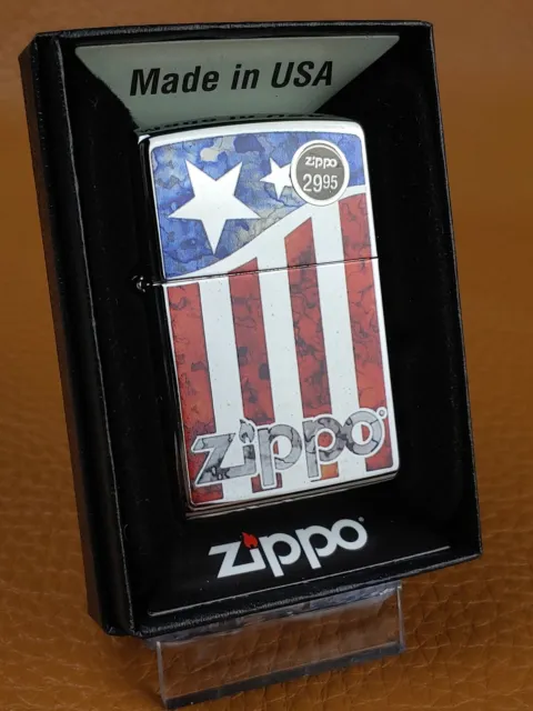 ZIPPO 29095 ZIPPO U.S. FLAG on HIGH POLISH CHROME Lighter - NEW AUG (H) 2018
