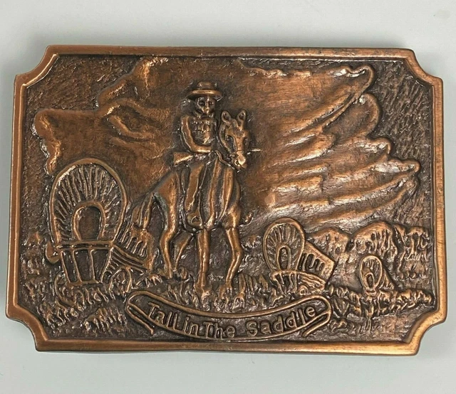 Western "Tall in the Saddle" Copper Belt Buckle Cowboy Horse & Wagons