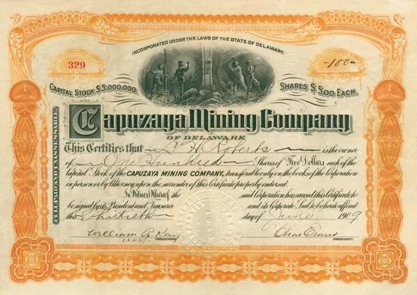 Capuzaya Mining Co. of Delaware - Stock Certificate - Mining Stocks