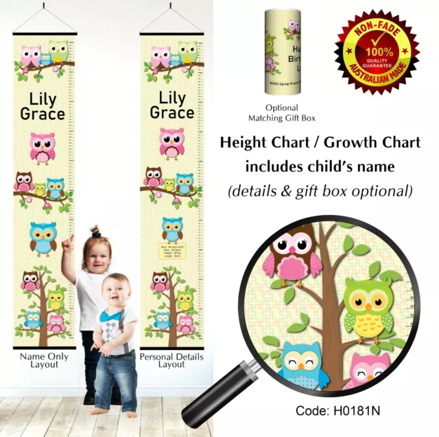 Growth Height Chart Owl Family Yellow Theme for Baby or Child - Personalised
