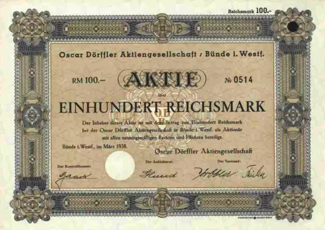 Oscar DÖRFFLER AG 1938 Bünde Westfalen Herta Artland Nestle Deutschland 100 RM