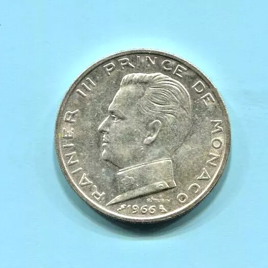 MONACO - BEAUTIFUL HISTORICAL RAINIER III SILVER  5 FRANCS, 1966  (a),  KM# 141