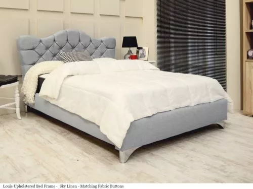 Louis French Design Upholstered Bed. Crush Velvet, Linen. Diamante Buttons SALE