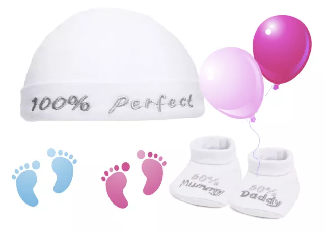 50% Mummy 50% Daddy 100% Perfect Hat and Bootees Set by Soft Touch Age: 0 - 3Ms