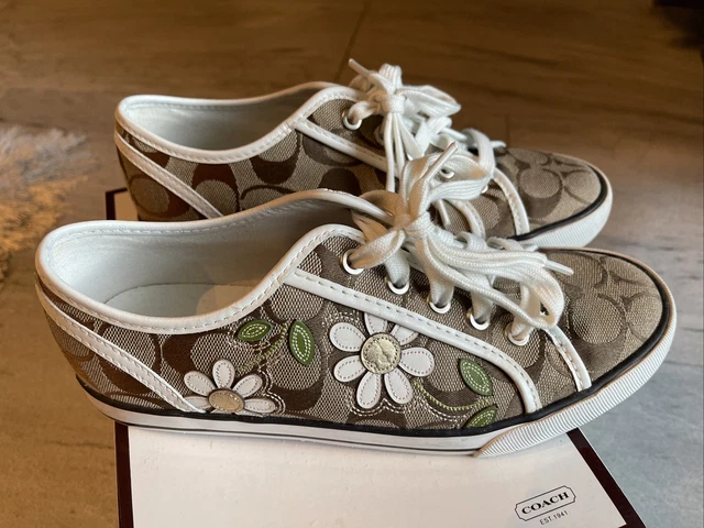 Coach Dee Flower Khaki Brown Signature C Canvas Sneakers Size 7 M Q991 EUC