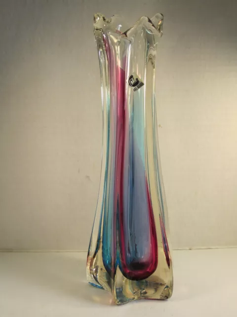 Heavy Blue Cranberry Clear Hand Made Art Glass Vase With Old Label 12.5" Tall