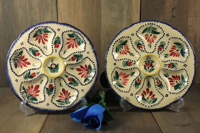 French Oyster Plate PAIR HB QUIMPER Hand Painted Signed Faience Majolica Signed