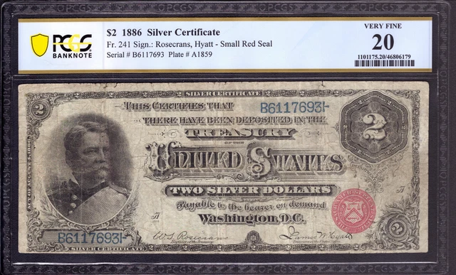 1886 $2 Silver Certificate Note Fr.241 Rosecrans Hyatt Pcgs B Very Fine Vf 20