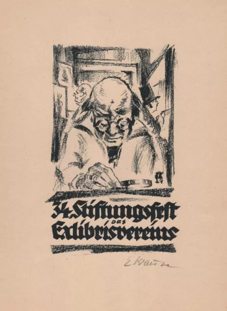 Exlibris E. Krause Stiftungsfest Exlibrisverein Litografía Firmado