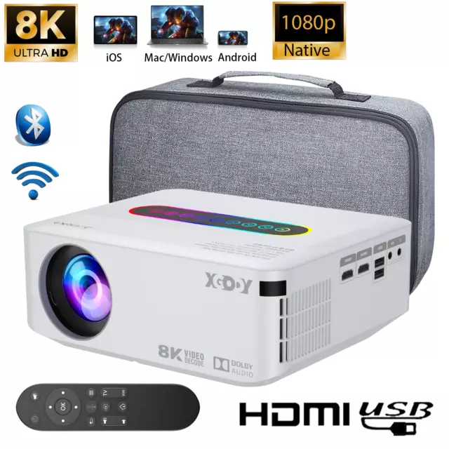 XGODY 8K UHD Native 1080P Projector LED WiFi Smart Home Theater Cinema Projector