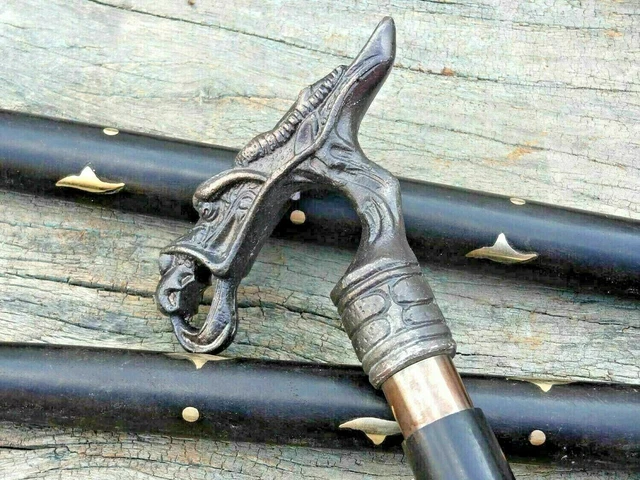 RARE ancien bâton de canne à pied en bois incrusté victorien manche