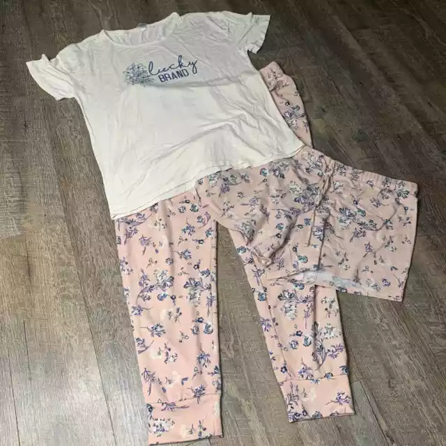 Lucky Brand Womens 3-Piece Pajama Set Size Medium Pink Floral Shorts Pajama Top
