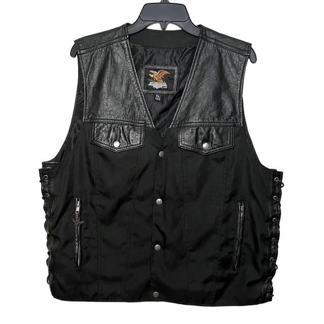 JAMIN LEATHER Mens Leather Canvas Side Laced Snap Front Biker Motorcycle Vest XL