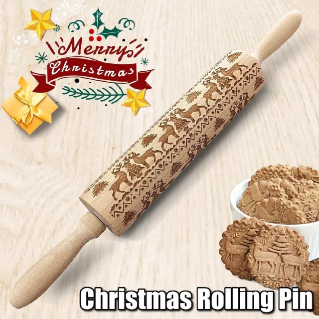 Christmas Rolling Pin Engraved Carved Wood Embossed Rolling Pin Kitchen Tool