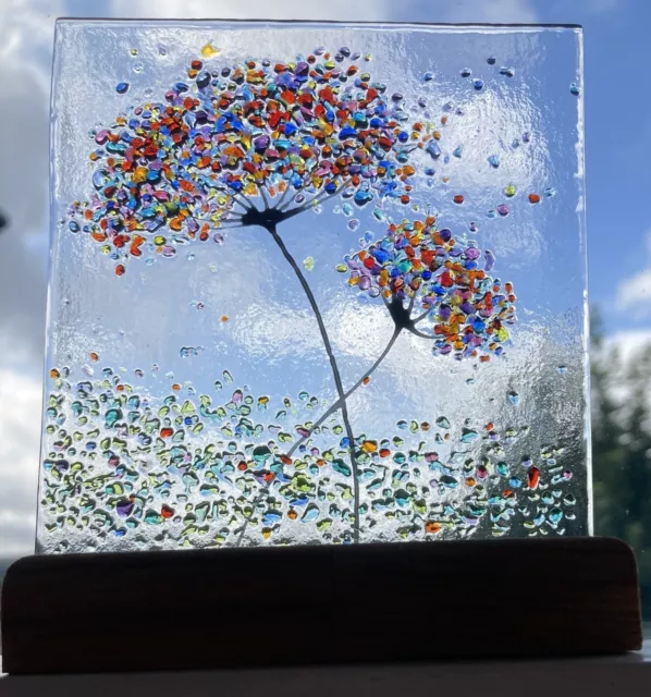 Handmade Blue Mix Rainbow Jewel fused glass art Flower Picture & Oak Stand
