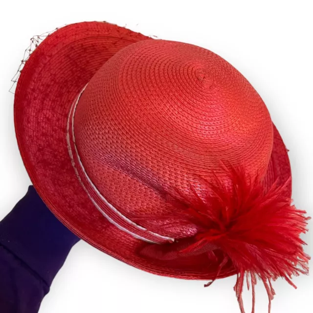 Diseñado por Sylvia New York Derby Sombrero Mujer Paja Roja Fascinadores Tejido De Colección