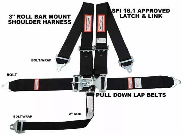 Racing Harness 5 Point Sfi 16.1 Latch & Link 3" Roll Bar Mount Bolt In Black