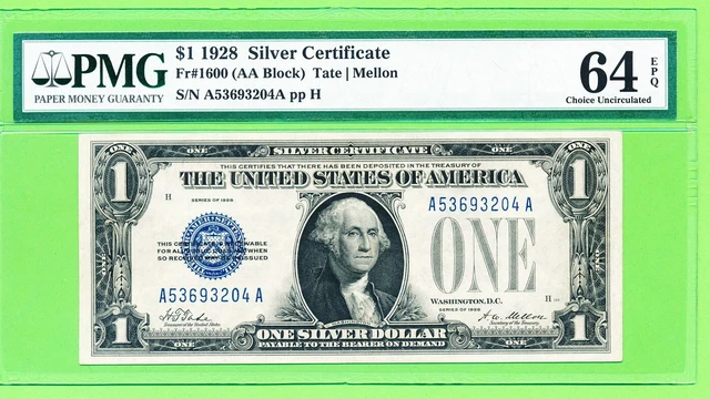 1928 $1 Silver Certificate Fr. 1600 AA Block PMG 64 EPQ Serial A53693204A